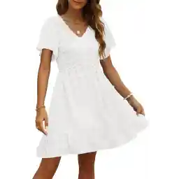 TECREW Womens Smocked Short Sleeve V Neck Mini Dress Summer Swiss Dot Flowy Short Dress