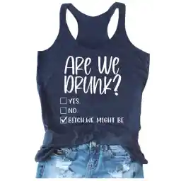 Womens Drinking Casual Racerback Tank Tops Am I Drunk Funny Bachelorette Letter Graphic Sleeveless T Shirt Vest Tee