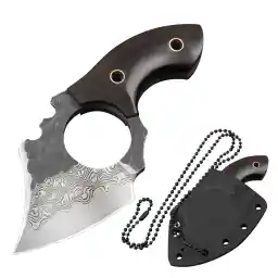 Neck Knife with Sheath and Necklace, VG10 Damascus Knife, Small EDC Fixed Blade Knife, Kydex Sheath, Wood Handle, Knives for Outdoor Camping Survival Fishing Bushcrafting, Gift for Men