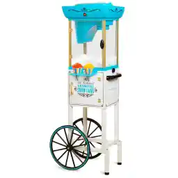 Nostalgia Snow Cone Shaved Ice Machine - Retro Cart Slushie Machine Makes 48 Icy Treats - Includes Metal Scoop, Storage Compartment, Wheels for Easy Mobility - White, Blue