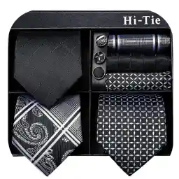 Hi-Tie 3 Pcs Gift Box Mens Tie Set Necktie with Pocket Square Cufflinks Lapel Pin Silk Neck Tie Collection