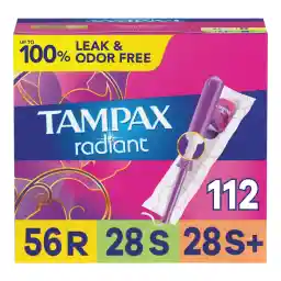 Tampax Radiant Tampons for Women Multipack, with LeakGuard Braid, Regular/Super/Super Plus Absorbency, Unscented, 112 Count (4 Packs of 28)
