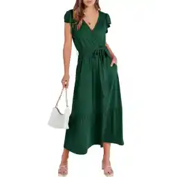 ANRABESS Women Summer Maxi Dress Casual Wrap V Neck Flutter Short Sleeve Belt A-Line Tiered Flowy Beach Long Dresses