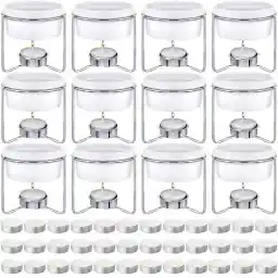60 Pcs Ceramic Butter Warmers Set, Include 12 Butter Warmers for Seafood Melter with Stands, 48 Tea Light Candles Food Warmer Candle for Fondue Chocolate Dishwasher Microwave Oven Safe