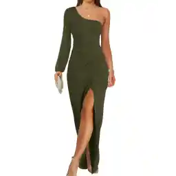 ZESICA Women's One Shoulder Long Sleeve Cocktail Dress Sexy High Slit Ruched Bodycon Wedding Guest Maxi Dresses