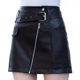 Itemnew ebossy Women's Cool Oblique Zip High-Waist Faux Leather Mini Skirt with Belt