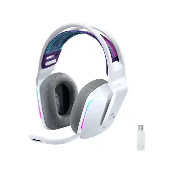 Logitech G733 LIGHTSPEED Wireless Gaming Headset with suspension headband, LIGHTSYNC RGB, Blue VO!CE mic technology and PRO-G audio drivers - White