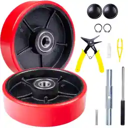 Pallet Jack/Truck Steering Wheels Set with Axle, Fasteners and Protective Caps (4 pcs) 7" x 2" with Bearings ID 20mm Poly Tread Red, Tool Kit Included
