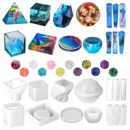 Silicone Resin Molds Kit 26PCS, Epoxy Molds, Large Casting with 12 Glitter Sequins for UV Casting, Including Sphere, Cube, Pyramid, Square, Coaster, Stone & Pendants