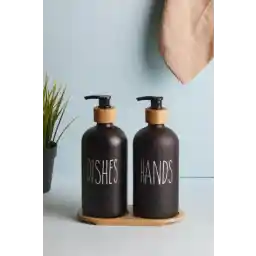 Perotti Lotion 2’li Siyah Mutfak Sıvı Sabunluk Seti 500ml 500ml Bambu Tepsili