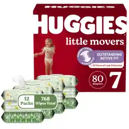 Huggies Little Movers Size 7 Diapers, 80ct & 12 Flip-Top Packs Sensitive Unscented Wipes, 768 Total