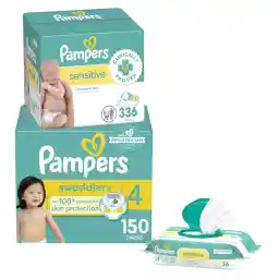 Pampers Swaddlers Disposable Baby Diapers Size 4, 150 Count with Sensitive Water Based Baby Wipes 4X Pop-Top Packs (336 Count)