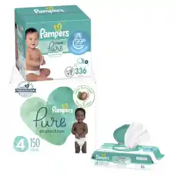 Pampers Pure Protection Disposable Baby Diapers Size 4, One Month Supply (150 Count) with Aqua Pure Baby Wipes, 6X Pop-Top Packs (336 Count)