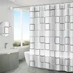 SKY-TOUCH Transparent Shower Curtain, Square Printed Design, Eco-Friendly Waterproof Heavy Duty with Anti-Mold Grid for Bathroom and Bath Tub, 180x200cm
