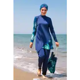 Marina Lacivert 4’lü Yaprak Desenli Tam Kapalı Tesettür Mayo M2125