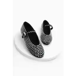 Marjin Kadın Baretli Taşlı Babet Ayakkabı Mary Jane Tevila Siyah