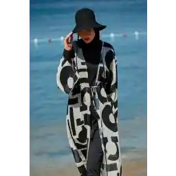 Marina Geometrik Siyah Kimono Kaftan P2337