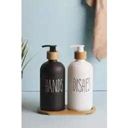 Perotti Lotion 2’li Siyah-beyaz Mutfak Sıvı Sabunluk Seti 500ml 500ml Bambu Tepsili