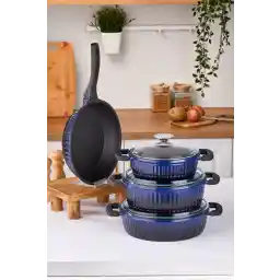 Taç Valeriya Cam Kapak 7 Parça Döküm Tencere Seti Lacivert Siyah