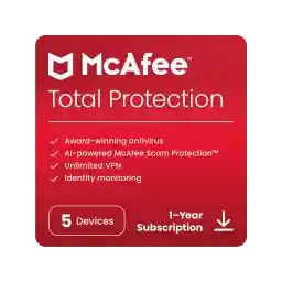 McAfee Total Protection (Windows, macOS, Android, iOS, ChromeOS) 2025 | 5 Device | Includes Antivirus, Scam Protection, Secure VPN | 1-Year Subscription with Auto-Renewal | Digital Download
