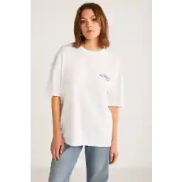 GRIMELANGE Fınola Kadın Oversize Ön Ve Arka Mavi Yazı Detaylı Kısa Kollu Beyaz T-shirt