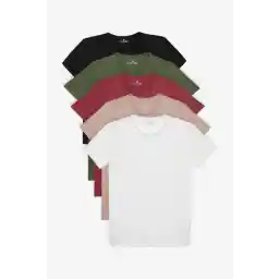 Tudors Unisex 5'li Paket Siyah-Beyaz-Haki-Bordo-Vizon Slim Fit Dar Kesim %100 Pamuk Bisiklet Yaka Tişört