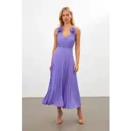 Setre Mor Çiçek Detaylı Pliseli V Yaka Midi Boy Elbise