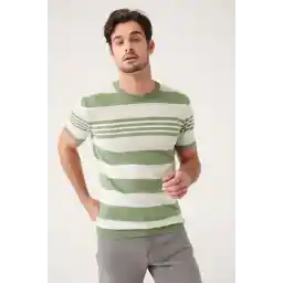 Avva Erkek Su Yeşili Bisiklet Yaka Çizgili Triko T-Shirt A31Y5017