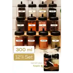 Vienev Kendinden Kaşıklı Serigrafi Etiketli 12'li Uzun Baharat Seti - Cam