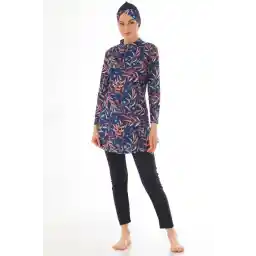 medipek Navy Blue Patterned Hijab Swimsuit - Full Covered and Lycra