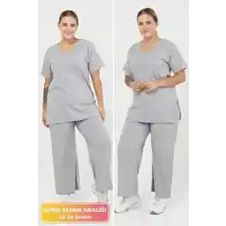 tarzımsüper Large Size Organic Cotton Tracksuit Set with Side Slit Ribbed Model Hijab Stylish Suit Gray