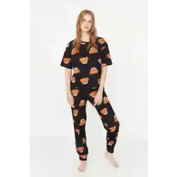 Trendyol Collection Black 100% Cotton Teddy Bear Patterned T-shirt-Pants Knitted Pajamas Set THMSS21PT0195