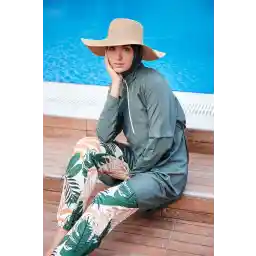 Marina Parachute 3-Piece Khaki Leaf Patterned Fully Covered Hijab Swimsuit M2261