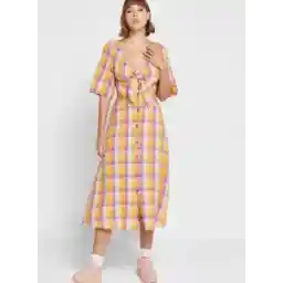 Cut Out Checked Tie Detail Dress