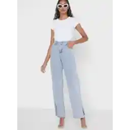 Bleached Straight Fit Jeans with Side Slit