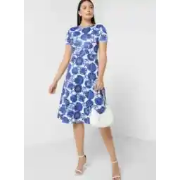 Printed Pleat Detail Skater Dress