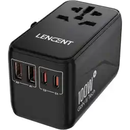 LENCENT Universal Travel Adapter, 100W GaN3 International Adaptor with 2 QC4.0 USB-A+2 PD3.0 Type-C PPS Fast Charging, Worldwide Wall Charger for iPhone,Tablets,Laptop, Plug Adapter USA/UK/EU/AU Black