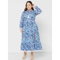 Printed Tie Neck Fit & Flare Dress