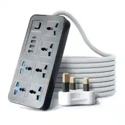 Baytion Universal Extension Lead with Multiple Function,UK Plug 3 Pin Socket Outlet with 6 Gang | 3 USB Port | 1 Type-C Port,1.8M Electric Socket Mains Strip for Home,Kitchen,and Office (Black)