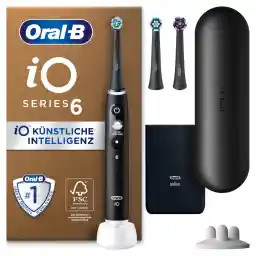 Oral-B iO Series 6 Plus Edition Electric Toothbrush, Plus 3 Replacement Toothbrush Heads, 5 Cleaning Modes for Dental Care, Travel Case, Designed by Braun, Black
