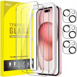 JETech Screen Protector voor iPhone 15 6,1-Inch met Camera Lens Beschermer, Bellenvrij, Eenvoudige Installatietool, Gehard Glas Film Schermbeschermer, HD Doorzichtig, 3-Stuks Elk