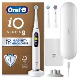 Oral-B iO Series 9 Plus Edition Electric Toothbrush, Plus 3 Replacement Toothbrush Heads, 7 Modes for Dental Care, Charging Travel Case, Designed by Braun, White Alabaster