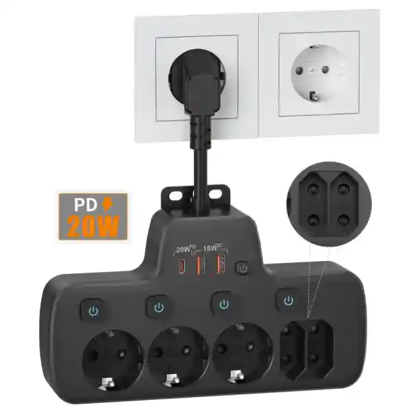 oorkyzz PD20W Çoklu Priz USB C, Bağımsız Anahtarlı Akım Korumalı Çoklu Priz 5 lü Priz PD20W ve QC18W Hızlı şarj ile, Duvar Priz Çoklayıcı Çocuk Korumalı,Power strip Çoklu Uzatma Topraklı Kablolu 10cm,Siyah
