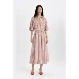 Defacto Shirt Collar Striped Belted Linen Short Sleeve Midi Dress C8638AX24SM