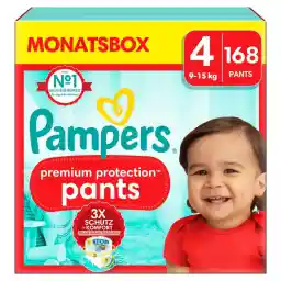 Pampers Premium Protection Pants Size 4, 168 Nappies, 9 kg - 15 kg, with 360° Fit and 2 x Wider Cuffs than Before for Our Best Comfort and Protection