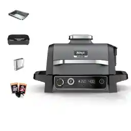 Ninja Woodfire OG701EU Electric Barbecue Camping Grill with Smoker & Hot Air Fryer, 7-in-1 Outdoor Grill, Smoking, Roasting, Baking, Weatherproof, Non-Stick Coating, Portable, Grey/Black