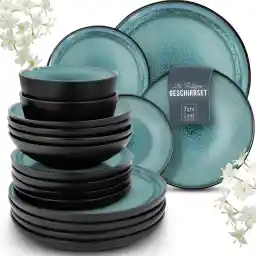 Pure Living Ibiza Stoneware Crockery Set for 6 People, 24-Piece Mediterranean Stoneware Tableware Set, ‘Very Good’ in Test, Bowl and Plate Set, Dinner Service for 6 People, Petrol