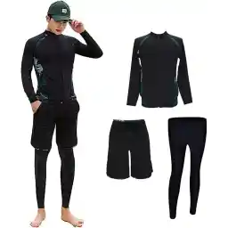 foveitaa Men's Rash Guard, Fitness Swimsuit, Top and Bottom Set, Long Sleeve, Open Front, Leggings, Surf Pants, Fitness, Men's, 3-Piece Set, UV Protection, Hot Springs, Beach, Swimming, Swimming