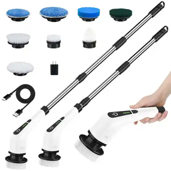 Elektrische draaiende schrobber, Leebein draadloze reinigingsborstel met 8 vervangbare boorborstelkoppen, bad en vloertegel 360 Power scrubber-dweil met verstelbare handgreep van 54 in/137 cm voor badkamer, keuken, auto (Wit)