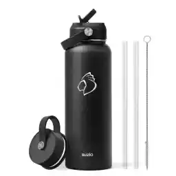 BUZIO Stainless Steel Water Bottle 40 oz (Cold for 48 Hrs, Hot for 24 Hrs), 1200ml Insulated Water Tumbler Thermo with Straw Lid and Flex Cap (Wide Mouth, Leak Proof, BPA Free), Black